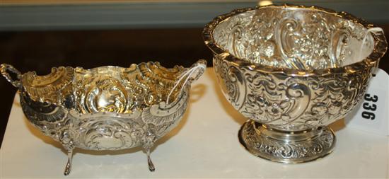 Victorian embossed silver pedestal bowl & embossed silver oval bowl